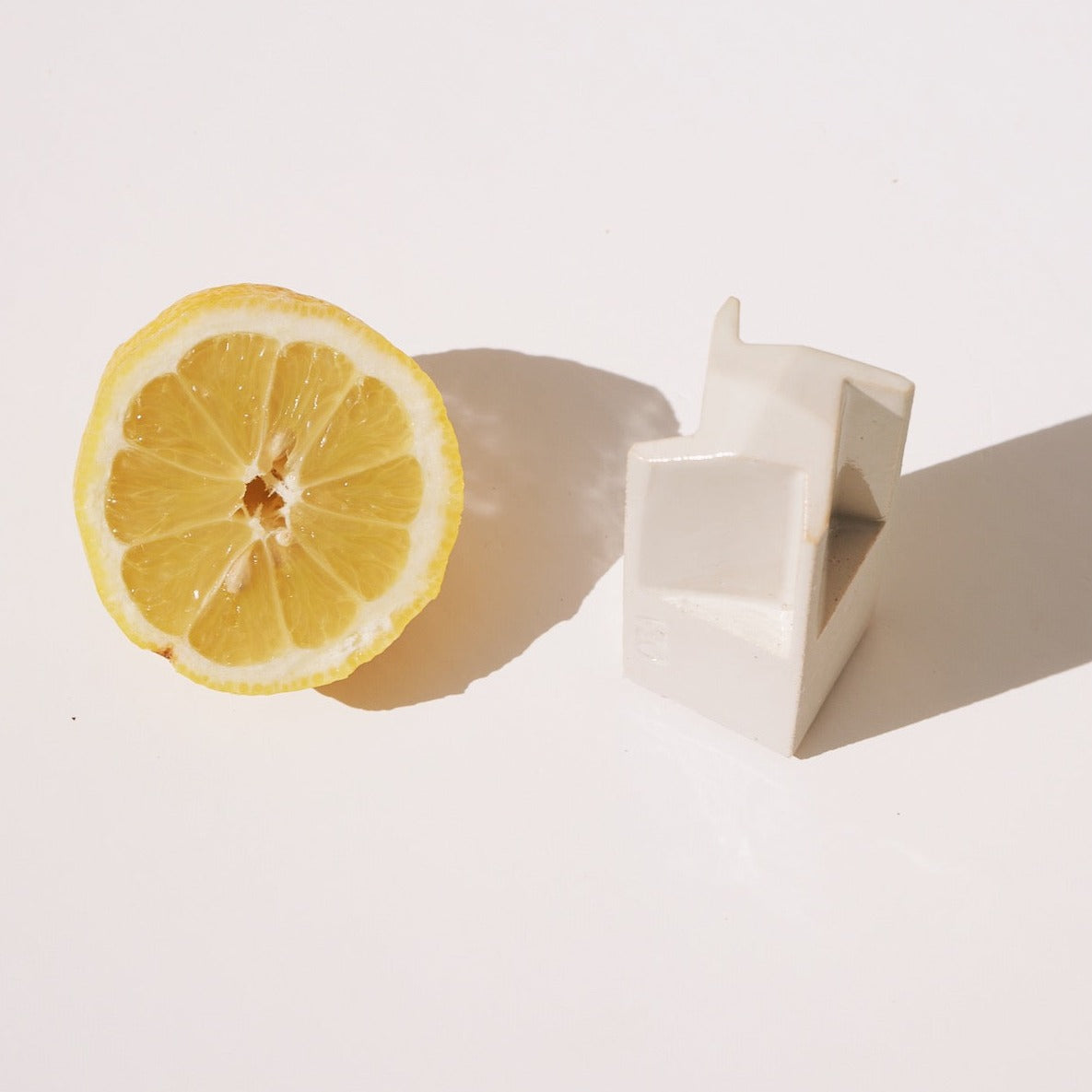 Lemon juicer and ginger grater in white with lemon